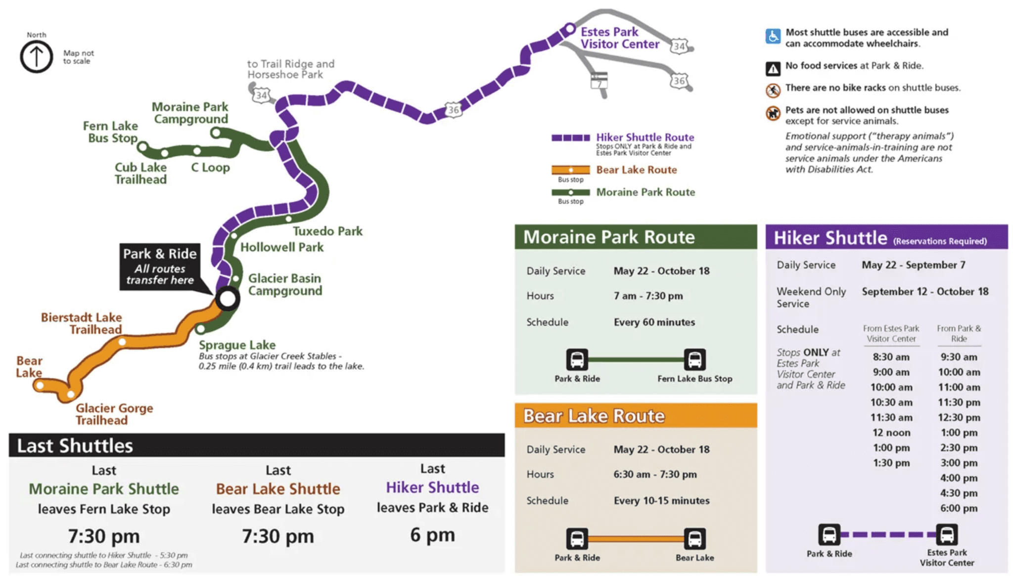 Map of routes from the Rocky Mountain National Park summer shuttle system