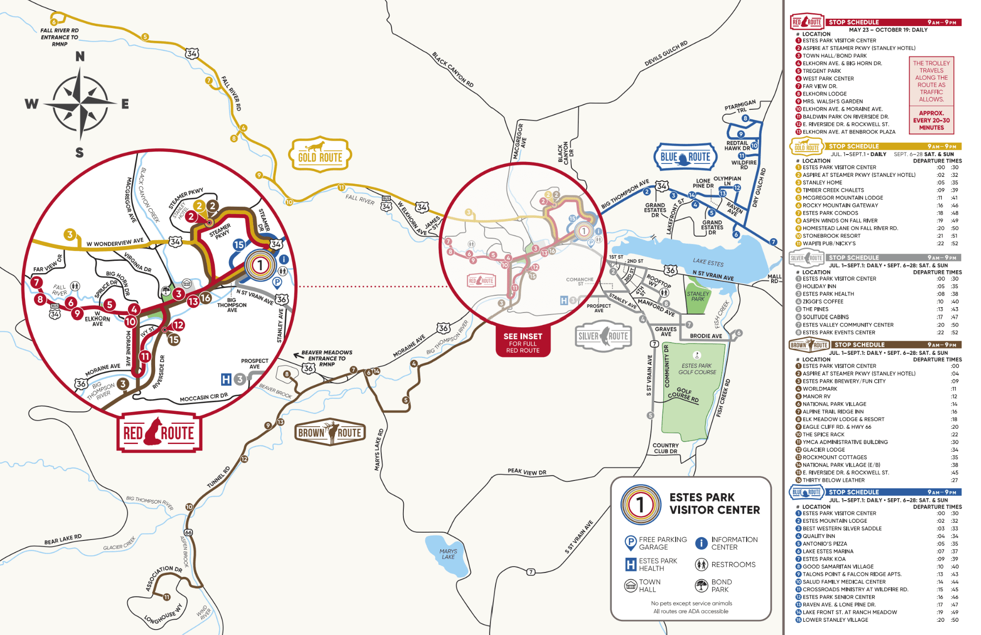 Route map of The Peak transit service in Estes Park